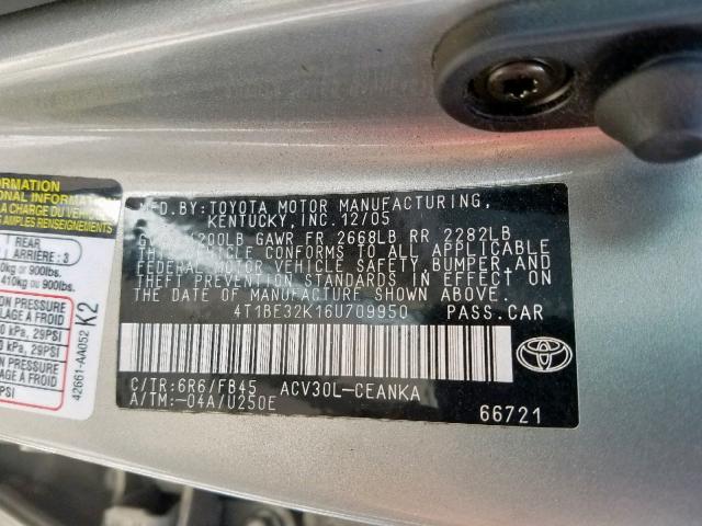 4T1BE32K16U709950 - 2006 TOYOTA CAMRY LE SILVER photo 10
