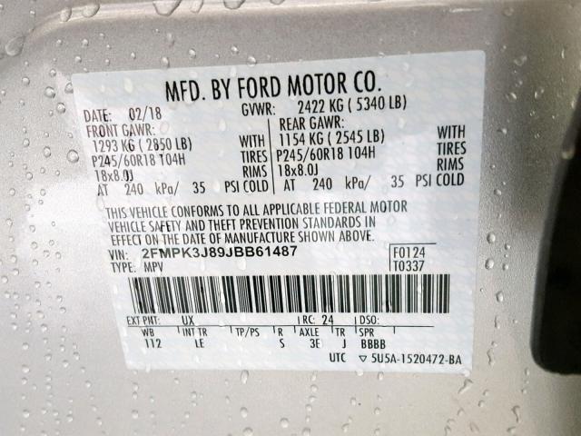 2FMPK3J89JBB61487 - 2018 FORD EDGE SEL SILVER photo 10