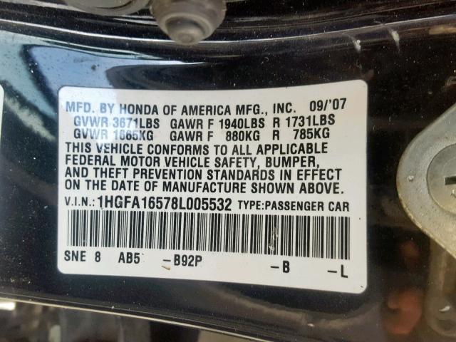 1HGFA16578L005532 - 2008 HONDA CIVIC LX BLACK photo 10