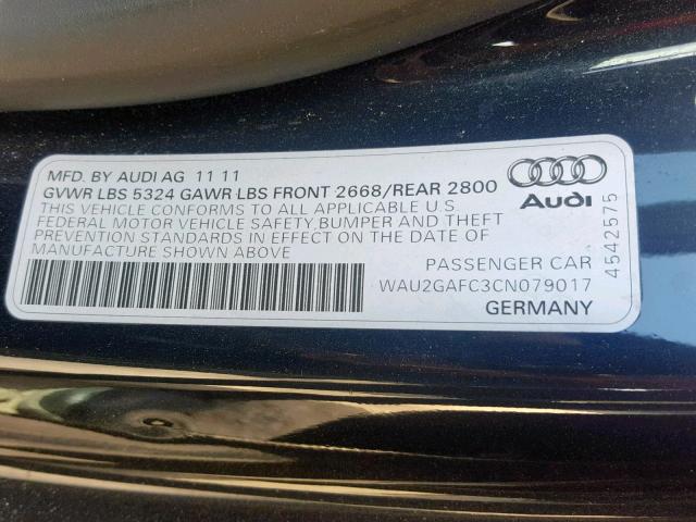 WAU2GAFC3CN079017 - 2012 AUDI A7 PRESTIG BLUE photo 10