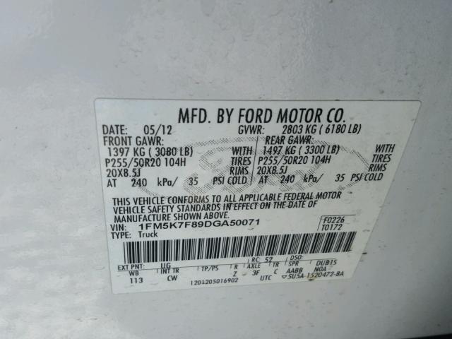 1FM5K7F89DGA50071 - 2013 FORD EXPLORER L WHITE photo 10