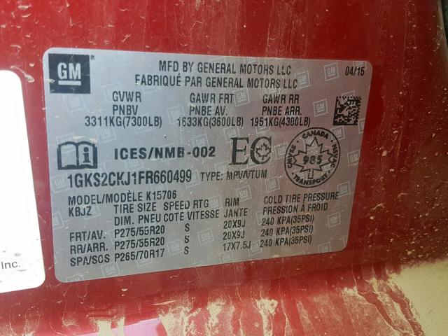 1GKS2CKJ1FR660499 - 2015 GMC YUKON DENA RED photo 10