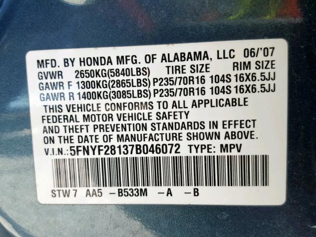 5FNYF28137B046072 - 2007 HONDA PILOT LX GREEN photo 10