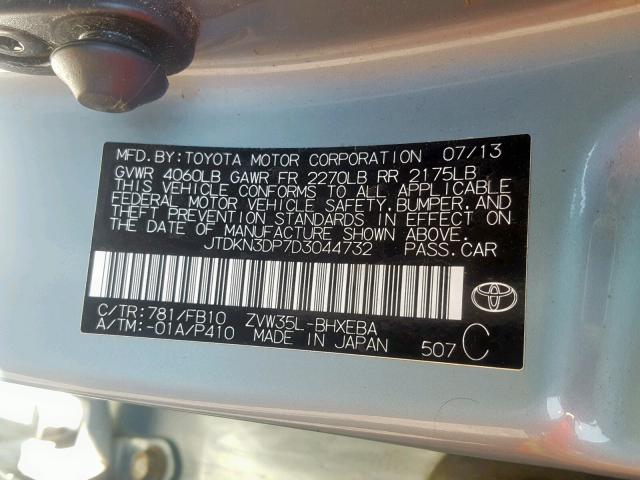 JTDKN3DP7D3044732 - 2013 TOYOTA PRIUS PLUG GREEN photo 10