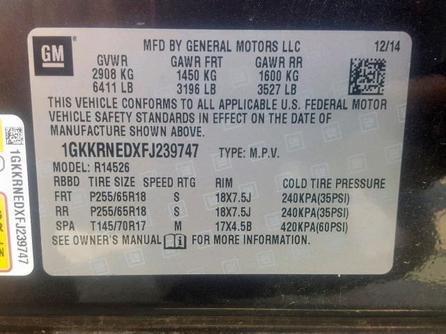 1GKKRNEDXFJ239747 - 2015 GMC ACADIA SLE BLACK photo 10