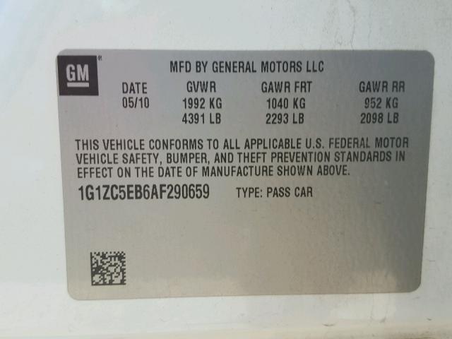 1G1ZC5EB6AF290659 - 2010 CHEVROLET MALIBU 1LT WHITE photo 10