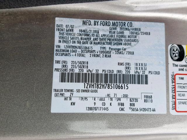 1ZVHT82H785106615 - 2008 FORD MUSTANG GT GRAY photo 10