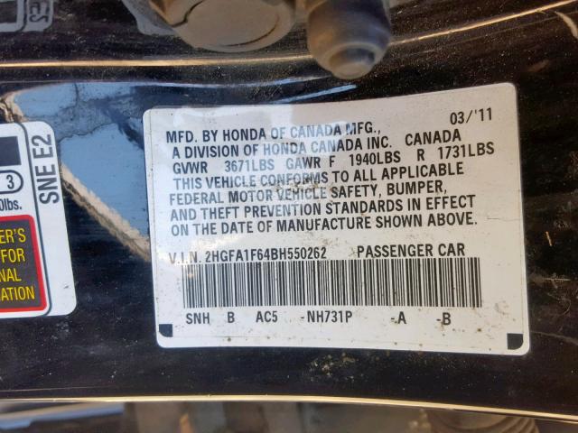 2HGFA1F64BH550262 - 2011 HONDA CIVIC LX-S Սև լուսանկար 10