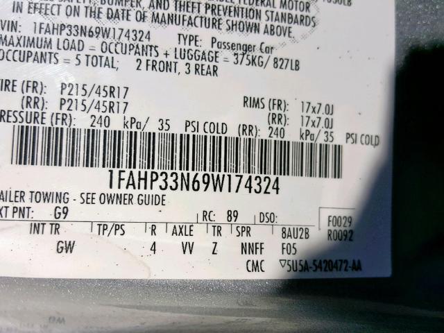 1FAHP33N69W174324 - 2009 FORD FOCUS SES SILVER photo 10