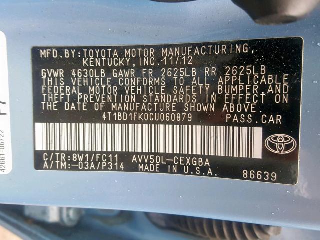 4T1BD1FK0CU060879 - 2012 TOYOTA CAMRY HYBR BLUE photo 10