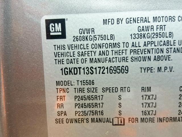 1GKDT13S172169569 - 2007 GMC ENVOY SILVER photo 10