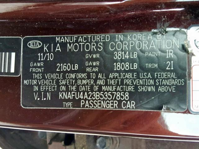 KNAFU4A23B5357858 - 2011 KIA FORTE EX MAROON photo 10