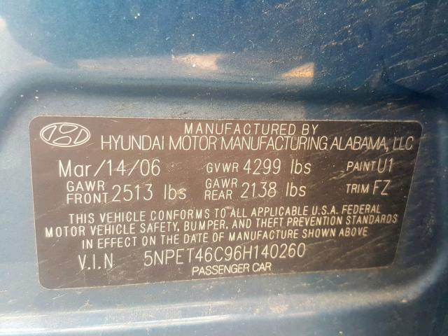 5NPET46C96H140260 - 2006 HYUNDAI SONATA GL BLUE photo 10