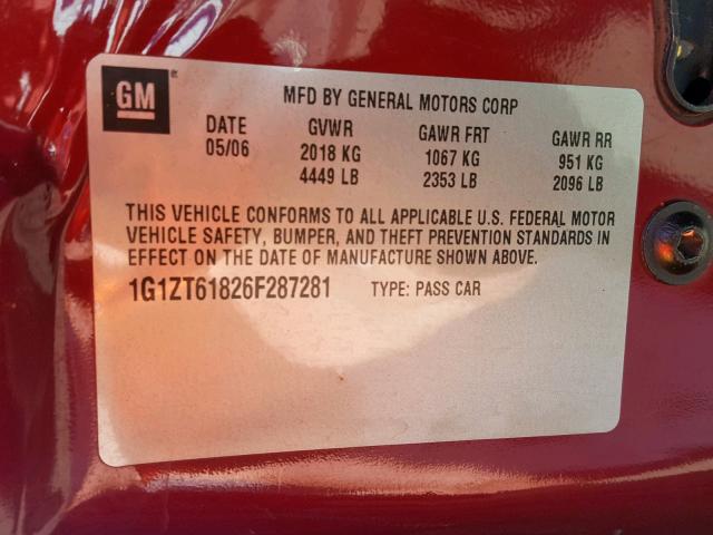 1G1ZT61826F287281 - 2006 CHEVROLET MALIBU MAX ბურგუნდია ფოტო 10