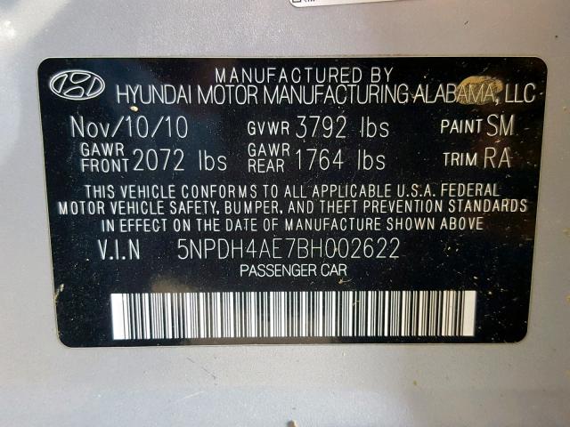 5NPDH4AE7BH002622 - 2011 HYUNDAI ELANTRA GL SILVER photo 10