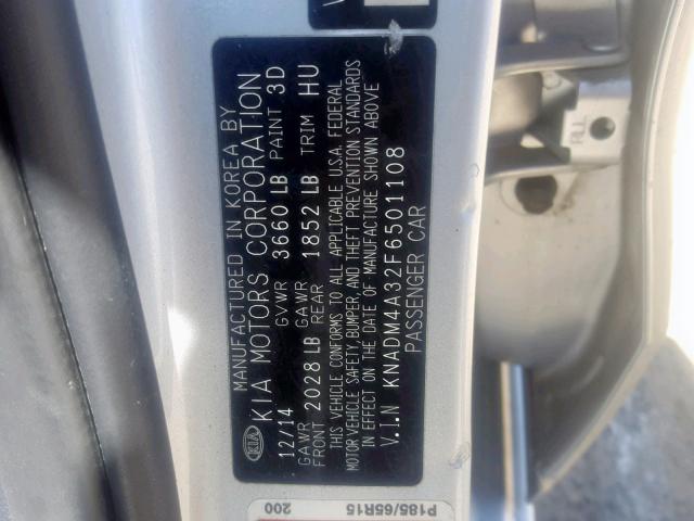 KNADM4A32F6501108 - 2015 KIA RIO LX SILVER photo 10