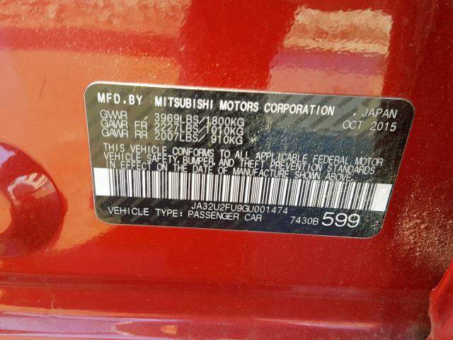 JA32U2FU9GU001474 - 2016 MITSUBISHI LANCER ES RED photo 10