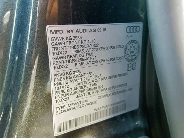 WA1FVAF14KD007752 - 2019 AUDI Q8 PRESTIG GRAY photo 10