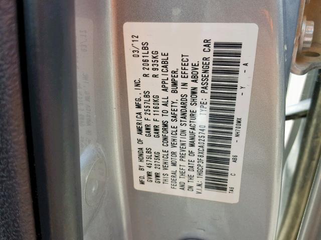 1HGCP3F8XCA025740 - 2012 HONDA ACCORD EXL SILVER photo 10