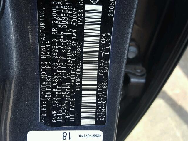 4T1BK1EBXEU107975 - 2014 TOYOTA AVALON BAS GRAY photo 10