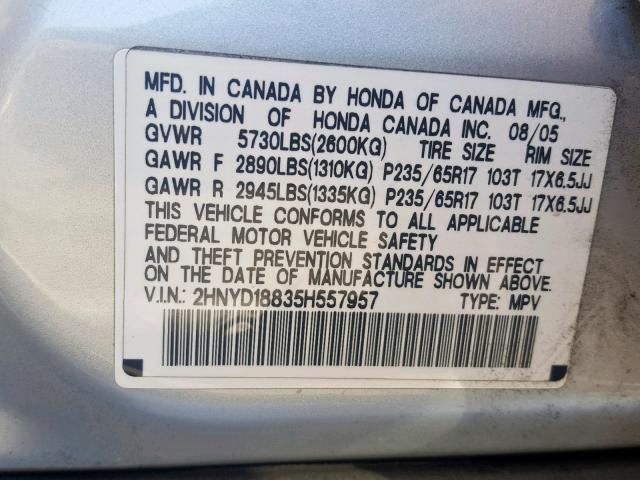 2HNYD18835H557957 - 2005 ACURA MDX TOURIN SILVER photo 10