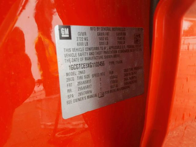 1GCGTCE3XG1103456 - 2016 CHEVROLET COLORADO L RED photo 10