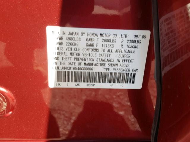 JH4KB16546C000861 - 2006 ACURA RL RED photo 10