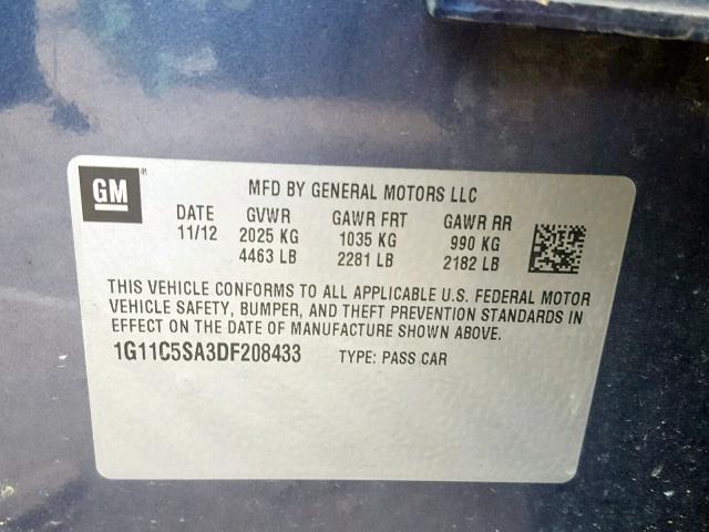 1G11C5SA3DF208433 - 2013 CHEVROLET MALIBU 1LT 蓝色 照片 10