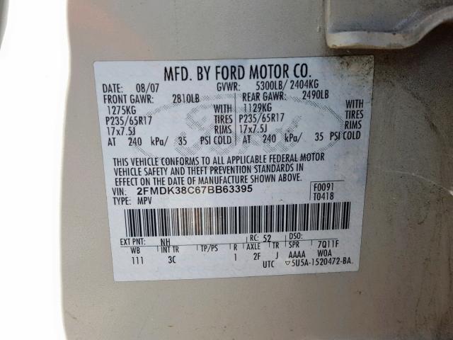 2FMDK38C67BB63395 - 2007 FORD EDGE SEL WHITE photo 10