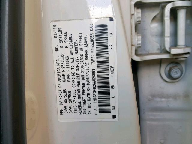 1HGCP3F82AA026992 - 2010 HONDA ACCORD EXL WHITE photo 10