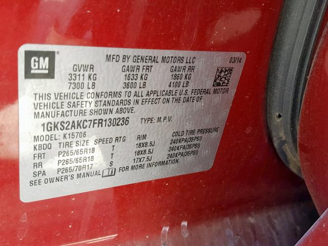 1GKS2AKC7FR130236 - 2015 GMC YUKON SLE RED photo 10