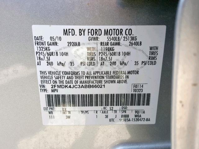 2FMDK4JC3ABB66021 - 2010 FORD EDGE SEL SILVER photo 10