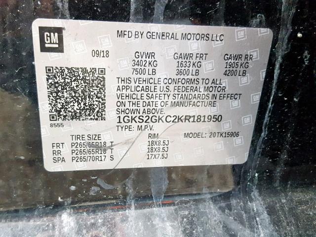 1GKS2GKC2KR181950 - 2019 GMC YUKON XL K BLACK photo 10