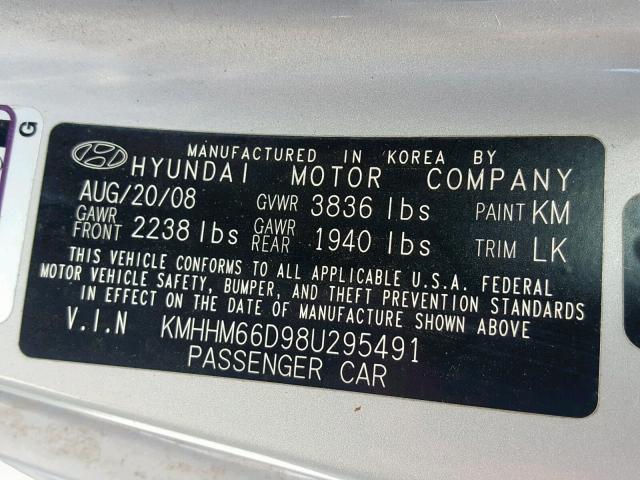 KMHHM66D98U295491 - 2008 HYUNDAI TIBURON GS SILVER photo 10