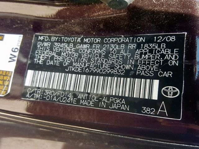 JTKDE167990299832 - 2009 TOYOTA SCION TC იასამნისფერი ფოტო 10