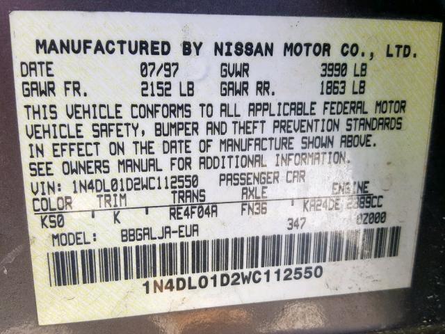 1N4DL01D2WC112550 - 1998 NISSAN ALTIMA XE BROWN photo 10