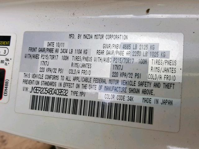 JM3ER2C54B0409532 - 2011 MAZDA CX-7 WHITE photo 10