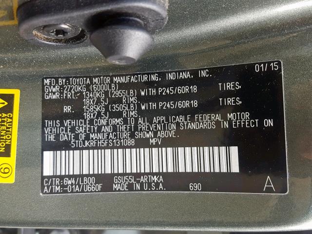 5TDJKRFH5FS131088 - 2015 TOYOTA HIGHLANDER GRAY photo 10