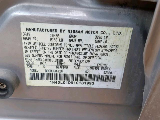 1N4DL01D91C131993 - 2001 NISSAN ALTIMA XE GRAY photo 10