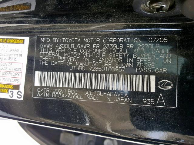 JTHBD192850100957 - 2005 LEXUS IS 300 BLACK photo 10