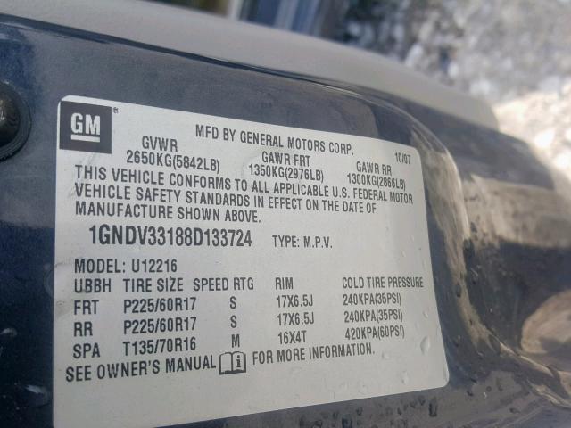 1GNDV33188D133724 - 2008 CHEVROLET UPLANDER L 蓝色 照片 10