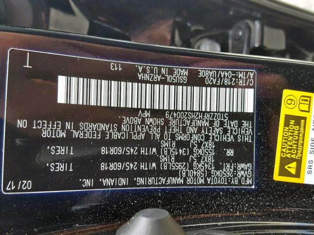 5TDZZRFH2HS200479 - 2017 TOYOTA HIGHLANDER BLACK photo 10