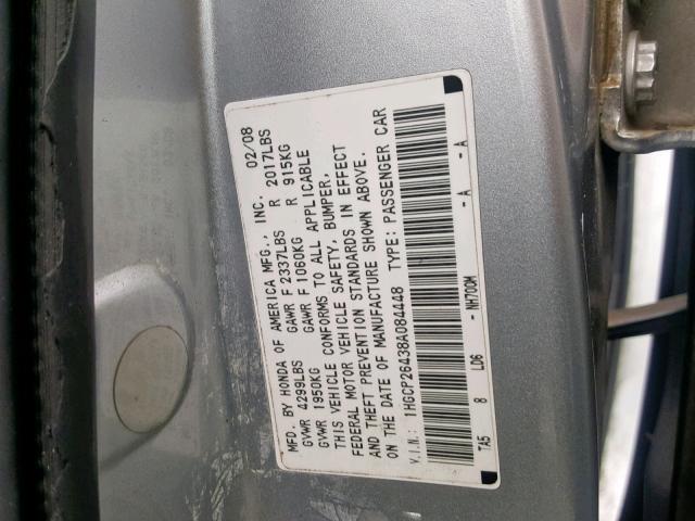 1HGCP26438A084448 - 2008 HONDA ACCORD LXP SILVER photo 10