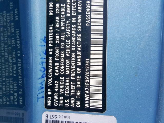 WVWFA71F39V012761 - 2009 VOLKSWAGEN EOS LUX 蓝色 照片 10