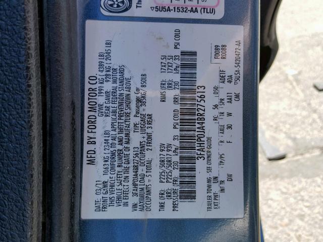 3FAHP0JA4BR275613 - 2011 FORD FUSION SEL TURQUOISE photo 10