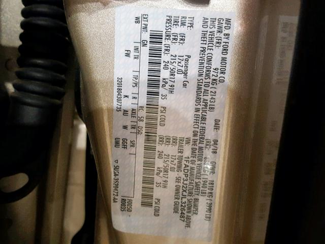 1FADP3J2XJL326487 - 2018 FORD FOCUS TITA BEIGE photo 10