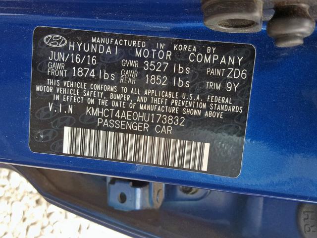 KMHCT4AE0HU173832 - 2017 HYUNDAI ACCENT SE BLUE photo 10