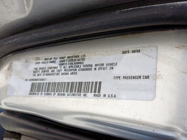 4S3BE686947203617 - 2004 SUBARU LEGACY OUT SILVER photo 10