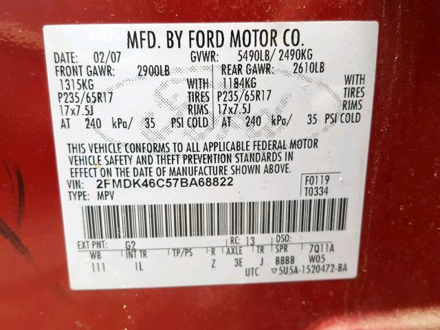 2FMDK46C57BA68822 - 2007 FORD EDGE SE BURGUNDY photo 10