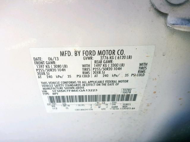 1FM5K7F86EGA13223 - 2014 FORD EXPLORER L WHITE photo 10